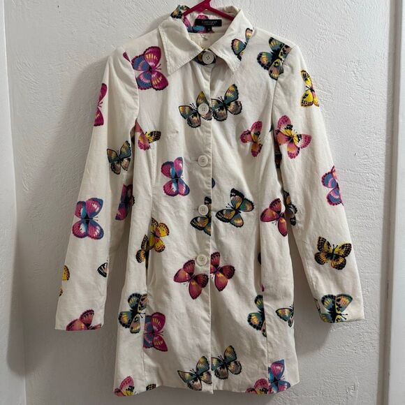 Karen Kane Lifestyle Y2K Colorful Butterflies Button Down Short Trench Coat S - Picture 1 of 7